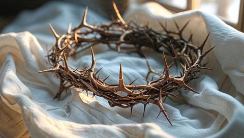 Crown of thorns on linen cloth symbolizing jesus' sacrifice in gentle sunlight