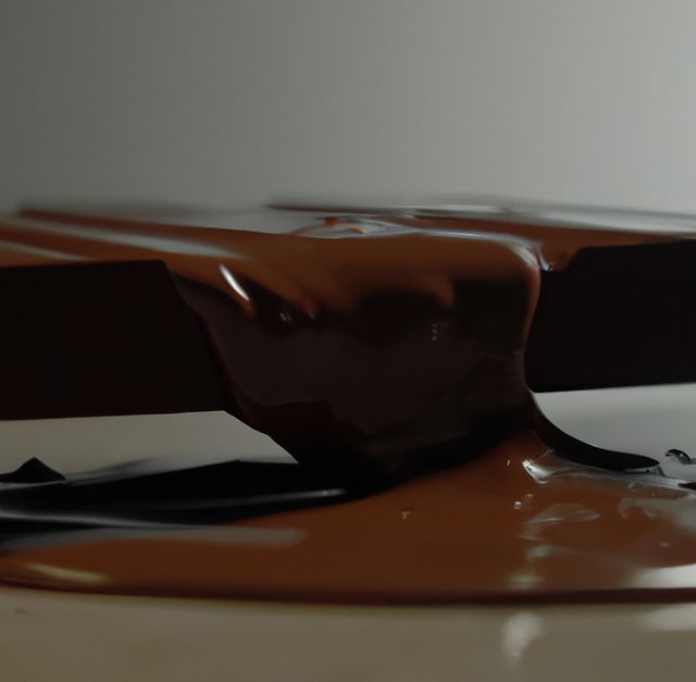 Close-up of dark melted chocolate dripping over edge. Ideal for advertisements or packaging for chocolate or confectionery products, articles about desserts and indulgence, or social media posts highlighting rich, decadent treats.