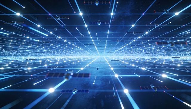 Orbital Data Grid Converging Toward Horizon with Satellite Network and Light Trails