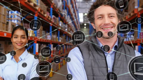 Smiling Diverse Warehouse Supervisors with Digital Network Overlay