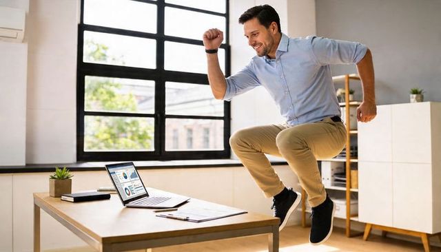 Jumping office worker celebrating sales win over desk with laptop charts, bright workspace