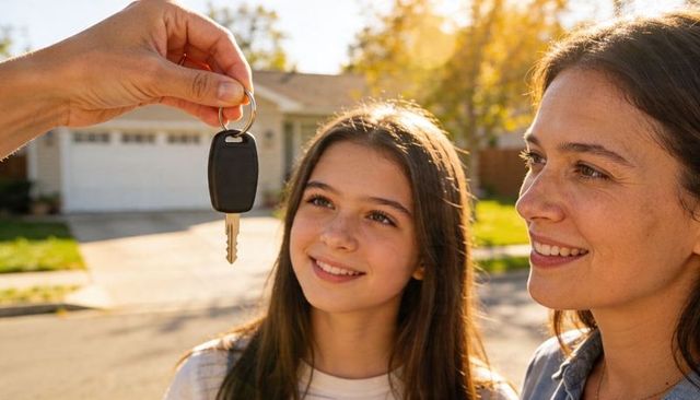 Mother and teen receiving car key at curbside during first car handover