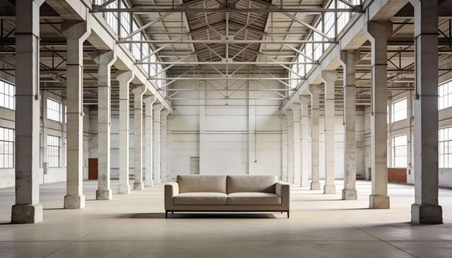 Minimalist beige sofa in spacious industrial warehouse with symmetrical columns