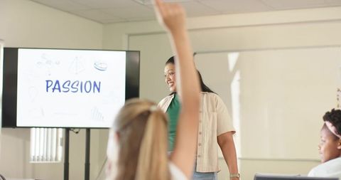 Diverse teacher leading enthusiastic students in classroom presenting PASSION on screen