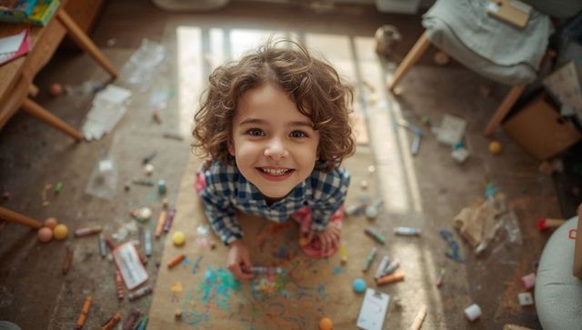 Curly-haired child smiling and coloring on rug surrounded by crayons and sunlight, cozy home