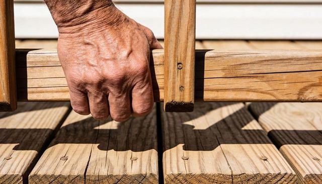 Senior hand gripping weathered wooden railing over sunlit deck showing texture and grain