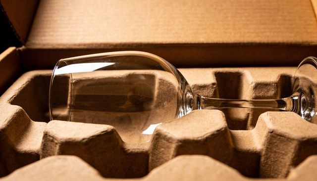 Clear wine glass nestled in molded pulp packaging for safe shipping and storage