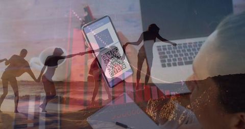 Women Enjoying Seaside Freedom with Modern Technology Integration