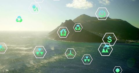 Renewable Energy Icons Overlay on Coastal Mountain Landscape