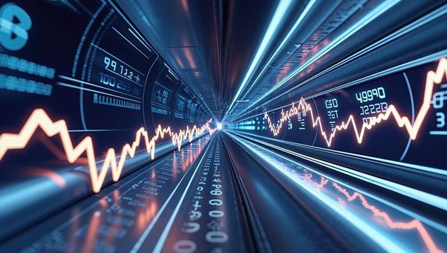 Futuristic data tunnel with digital graphs and numeric streams
