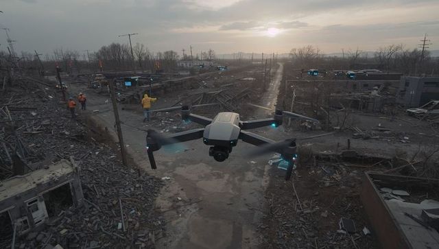 Drone performing surveillance over post-disaster recovery area