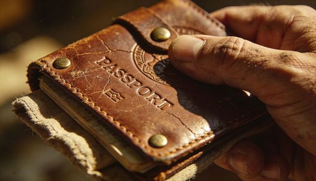 Holding worn leather passport cover with brass snaps and callused hand closeup travel