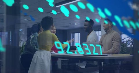 Business Team Collaborating with Digital Data Overlay in Modern Office