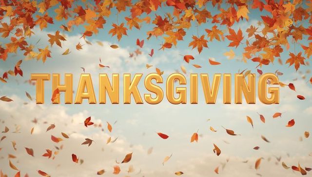 Golden 3d thanksgiving text floating over cloudy autumn sky with falling maple leaves