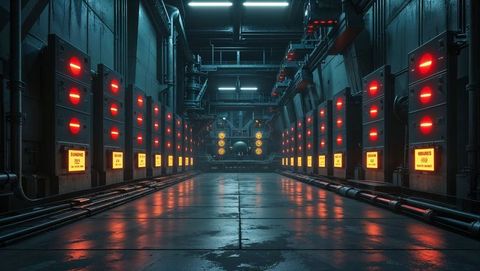 Futuristic industrial corridor with red alert module panels