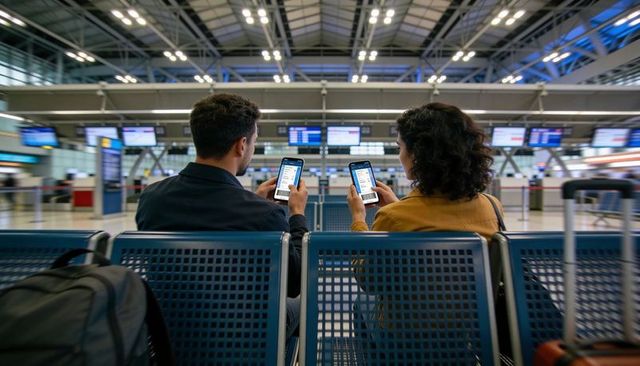 Checking smartphones while waiting in airport terminal holding mobile boarding passes