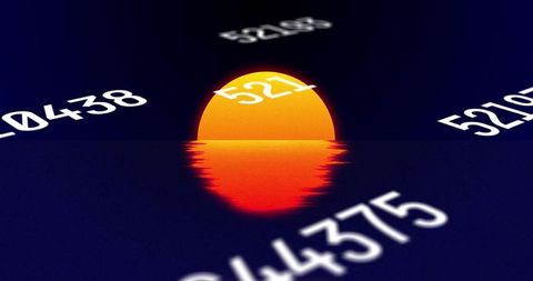 Digital Data Sunrise with Reflecting Numbers and Rippling Horizon for Finance and Tech