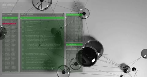 Futuristic network interface with rotating glossy spheres and layered code terminal overlay