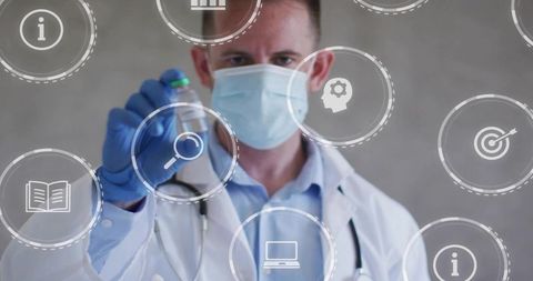 Doctor holding vaccine vial while interacting with digital healthcare interface overlays