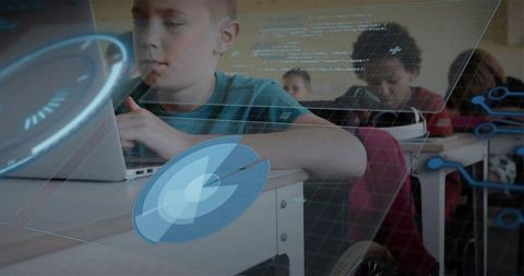 Inclusive classroom using ar learning overlays with student using laptop and wheelchair