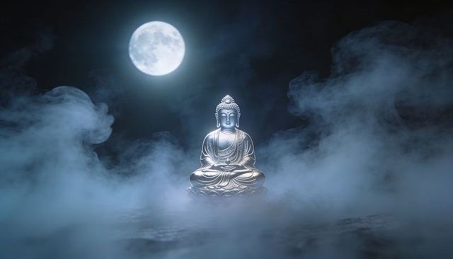 Glistening silver buddha meditating on lotus under full moon with rising mist and moonlight