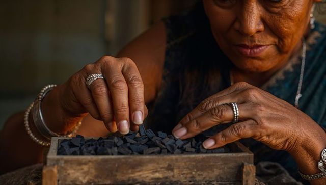 Senior indian artisan sorting charcoal pieces in wooden tray closeup hands craft
