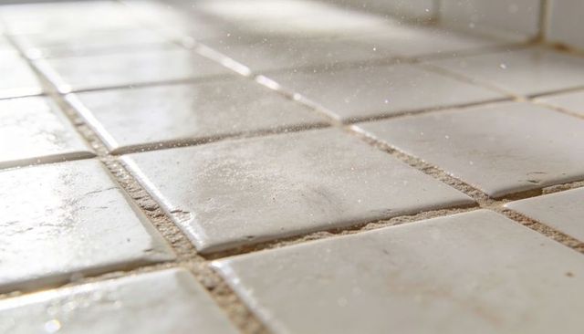 Sunlit ceramic tile closeup glinting with dust and textured grout for kitchen surfaces