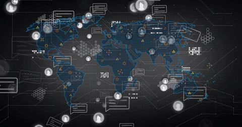 Global digital network interface with user icons and chat bubbles
