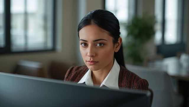 Focused asian businesswoman working at computer in modern office for corporate and tech use