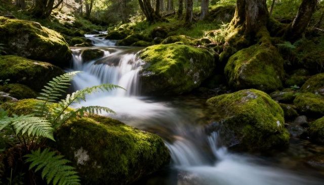 Moss-covered woodland stream cascading over boulders with fern foreground, silky water