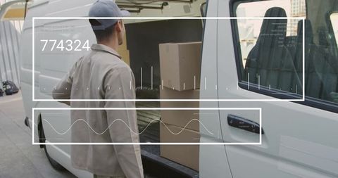 Courier loading cargo van for urban delivery with stacked cardboard boxes and data overlay