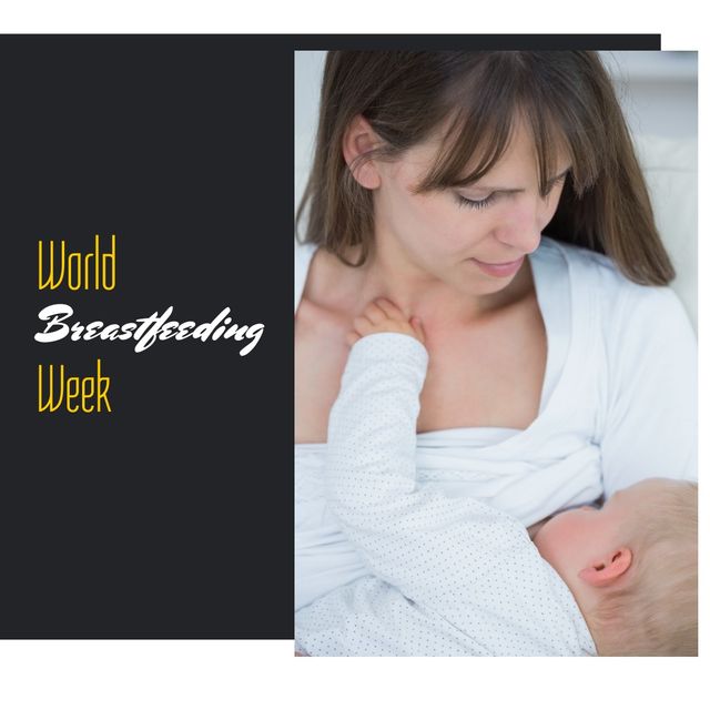 Composite of caucasian young mother breastfeeding baby and world breastfeeding week text. copy space, black, family, togetherness, maternity, nurturing, babyhood, healthy, awareness and campaign.