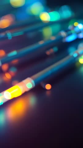 Vertical video revealing glowing fiber optic rods with colorful bokeh and pulsing LEDs