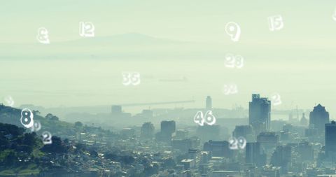 Floating Numbers Over Misty Modern Cityscape