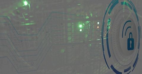 Digital lock protecting server rack with green leds and futuristic circuit trace overlay