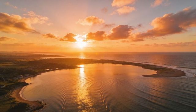 Golden sunset over curved coastal bay with sandbar reflecting warm light and clouds at dusk