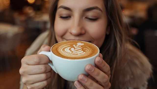 Young woman savoring latte with rosetta foam art closeup in cozy coffeehouse