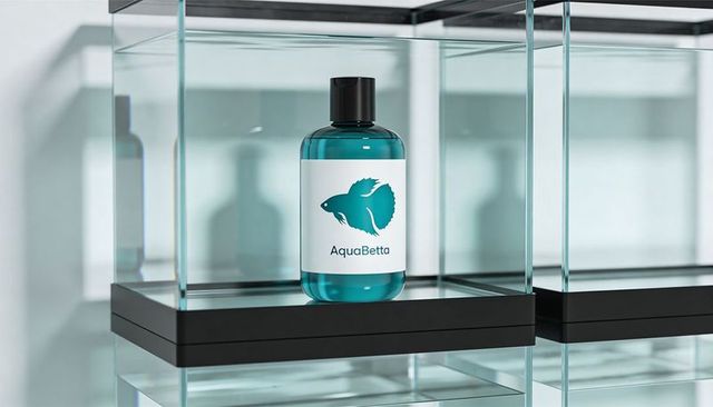 Minimal teal cosmetic bottle showcasing betta logo on modern glass display for branding