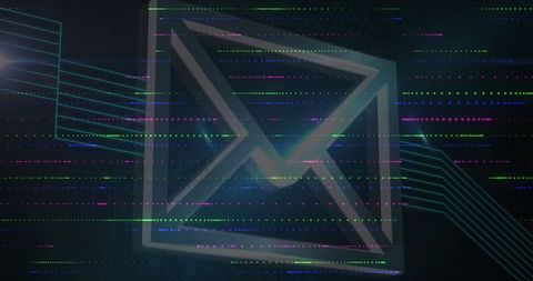 Neon glitch email icon over cyber circuit background for digital communication security