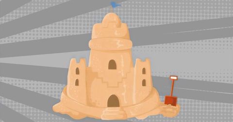 Whimsical sandcastle with shovel on radial backdrop