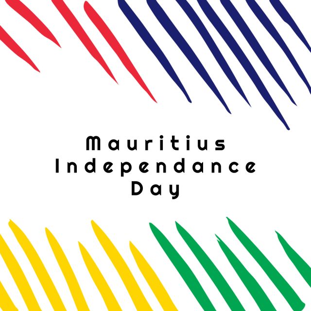 Mauritius independence day text with red, blue, yellow and green strokes on white background. Mauritian independence, national annual celebration.