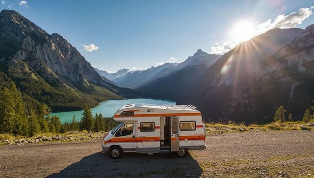 Motorhome overlooking stunning alpine lake at sunrise