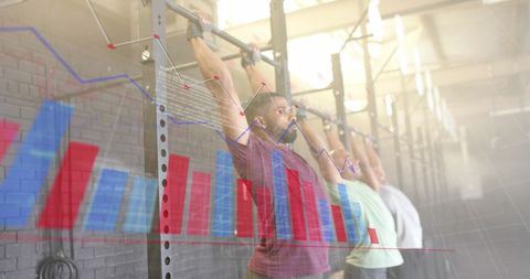 Diverse Male Group Training at Gym with Digital Data Overlay