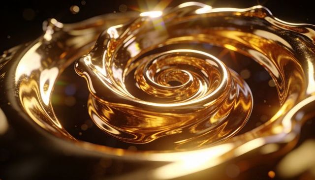 Molten golden spiral vortex reflective metallic swirl abstract background for luxury