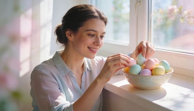 Sunlit woman arranging pastel easter eggs in ceramic bowl on bright windowsill