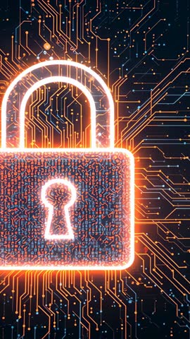 Glowing Padlock Pulsing Over Circuitry Protecting Data, Vertical Cybersecurity Motion Loop