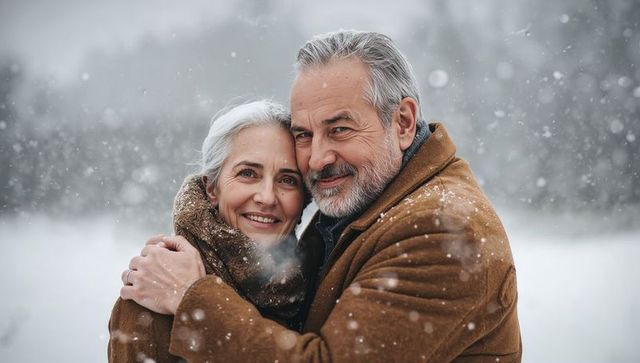 Senior couple embracing in falling snow showing warmth, romance and winter togetherness