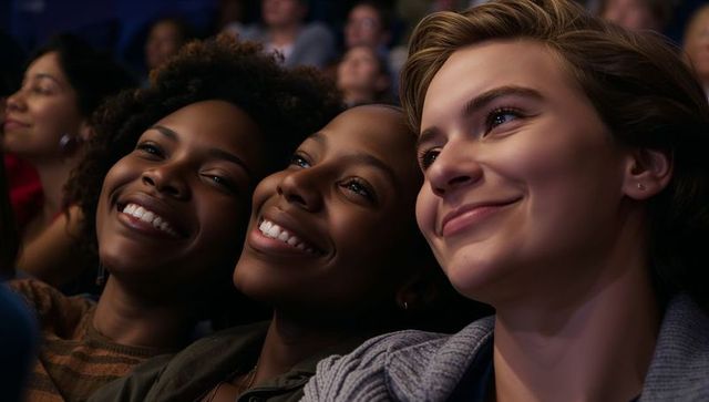 Smiling trio of friends leaning heads together in cinematic theater audience cozy knitwear