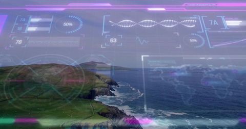 Futuristic hud overlay merging coastal cliffs and ocean surf with data graphics