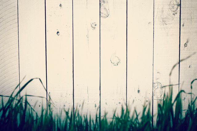 White painted wooden fence with grass in the foreground creating a rustic and textured outdoor backdrop. Perfect for background use in natural and summer-themed designs, advertisements, or blog posts.
